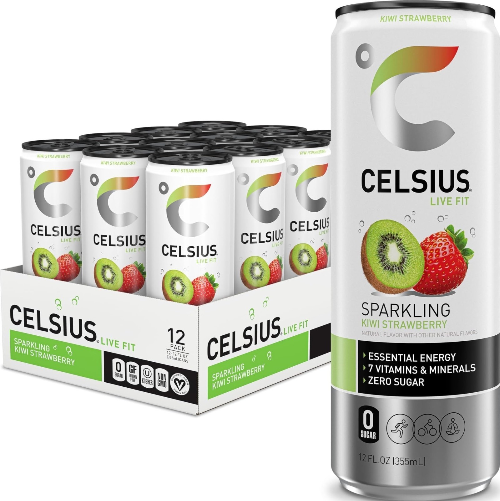 Sparkling Kiwi Strawberry Energy Drink, Sugar Free, 12 Fl Oz - Pack of 12 Cans
