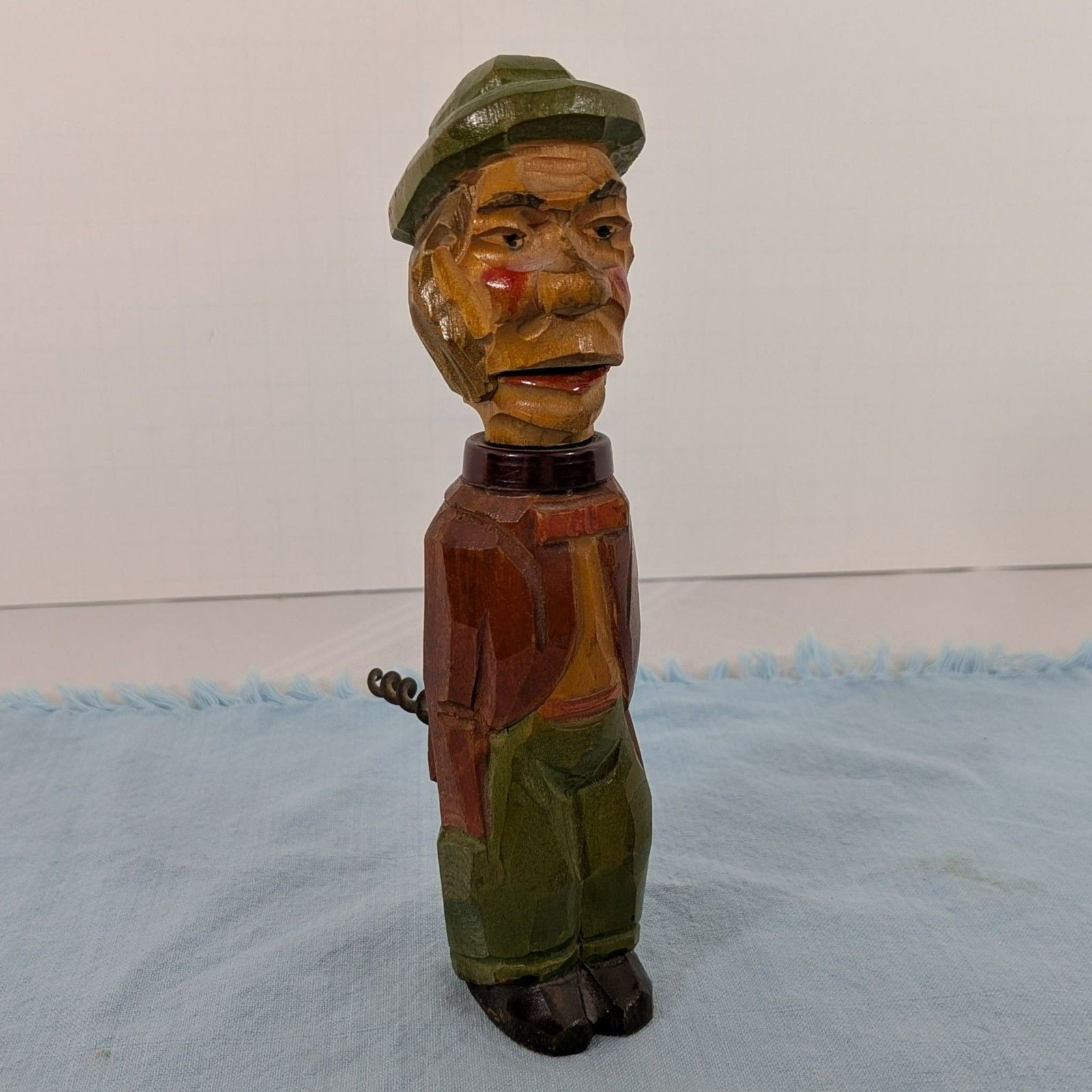 Vintage ANRI Hand Carved Mechanical Wood Corkscrew - Italian Figural Barware