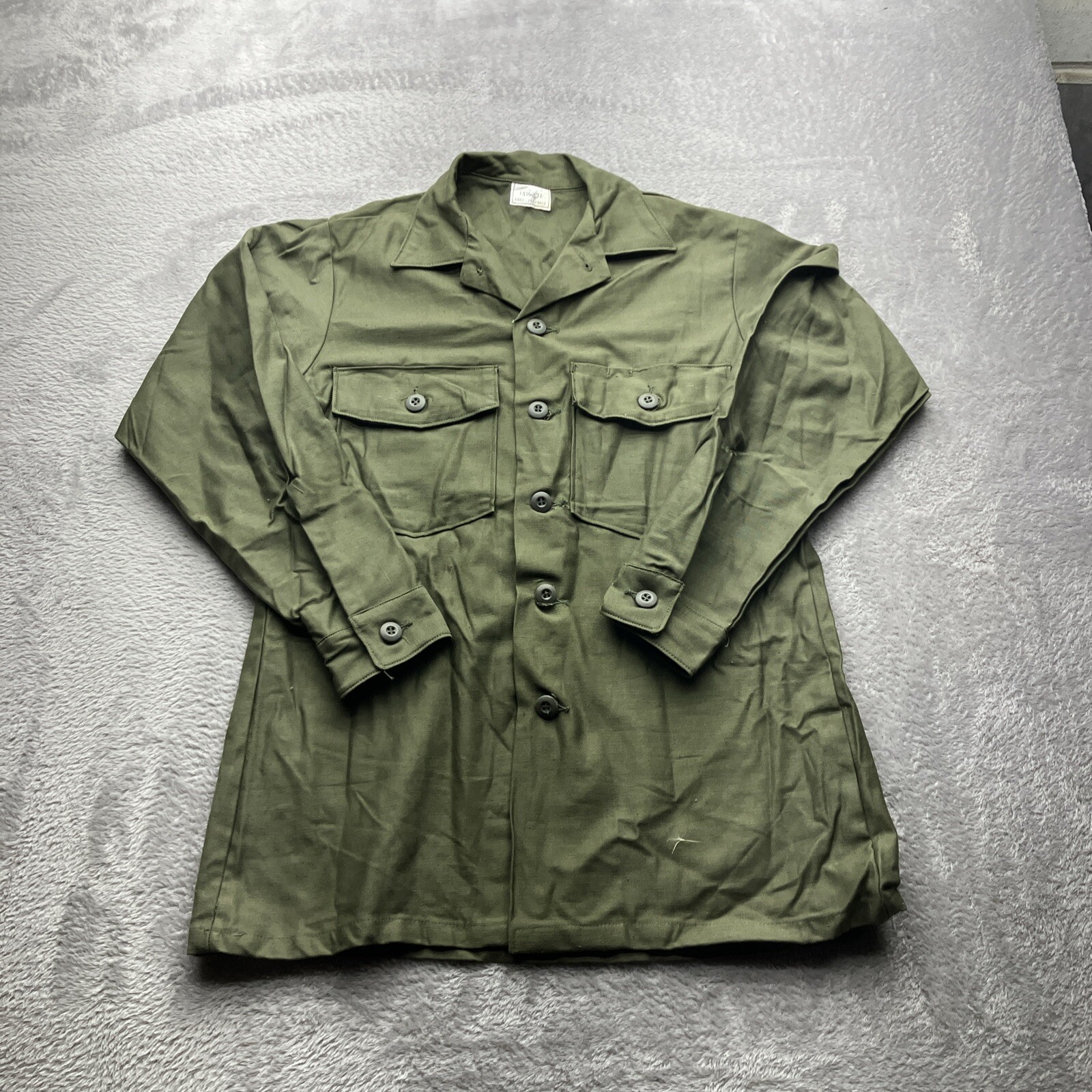 NOS 60s Vtg US Army OG-107 Sateen Cotton Utility Shirt 1960s Deadstock Medium M