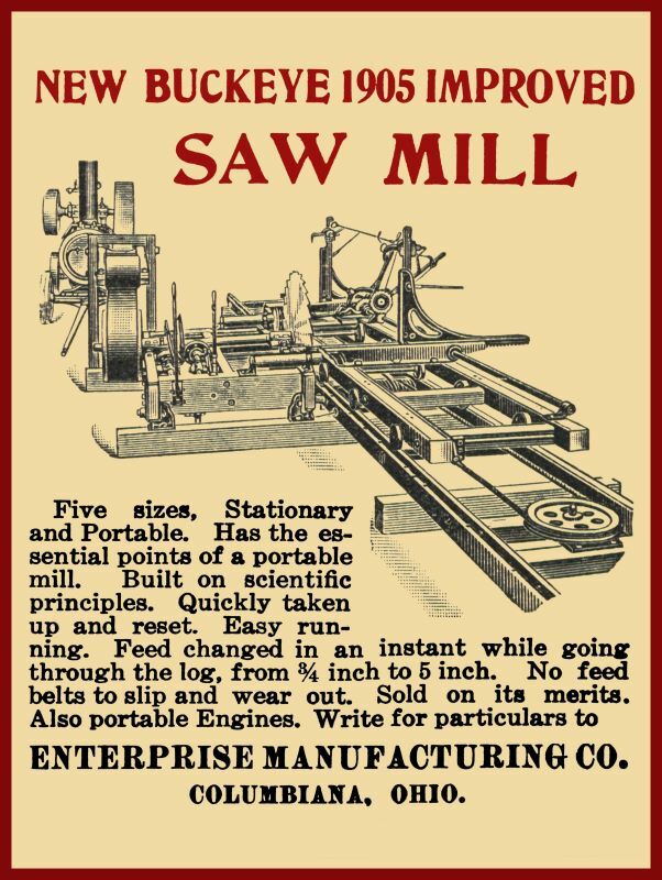 1905 Enterprise Mfg. NEW Metal Sign: Buckeye Saw Mill - Columbiana, OhiO