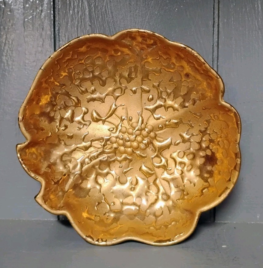 Vtg. Weeping Bright 22K Gold Trinket Dish Flower Magnolia Dogwood Porcelain USA