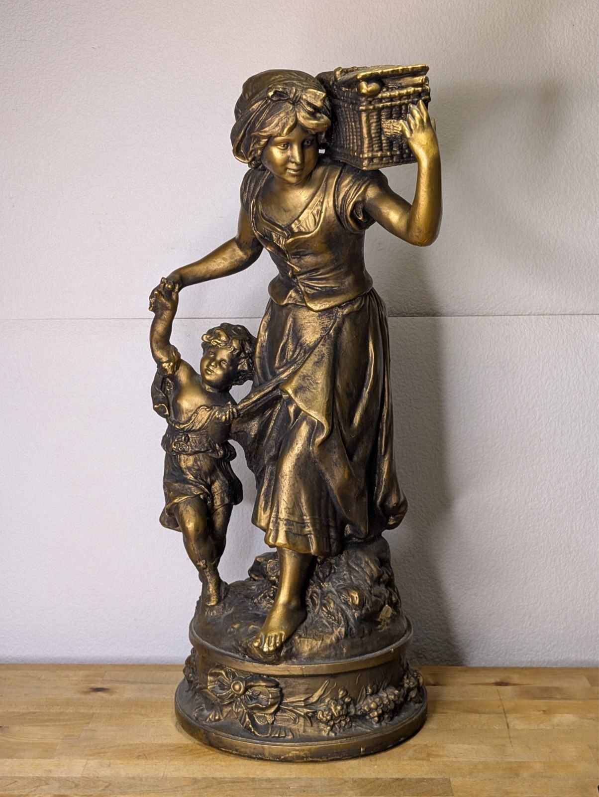 Antique French Nouveau Spelter Mother & Child Statue After Auguste Moreau c1900