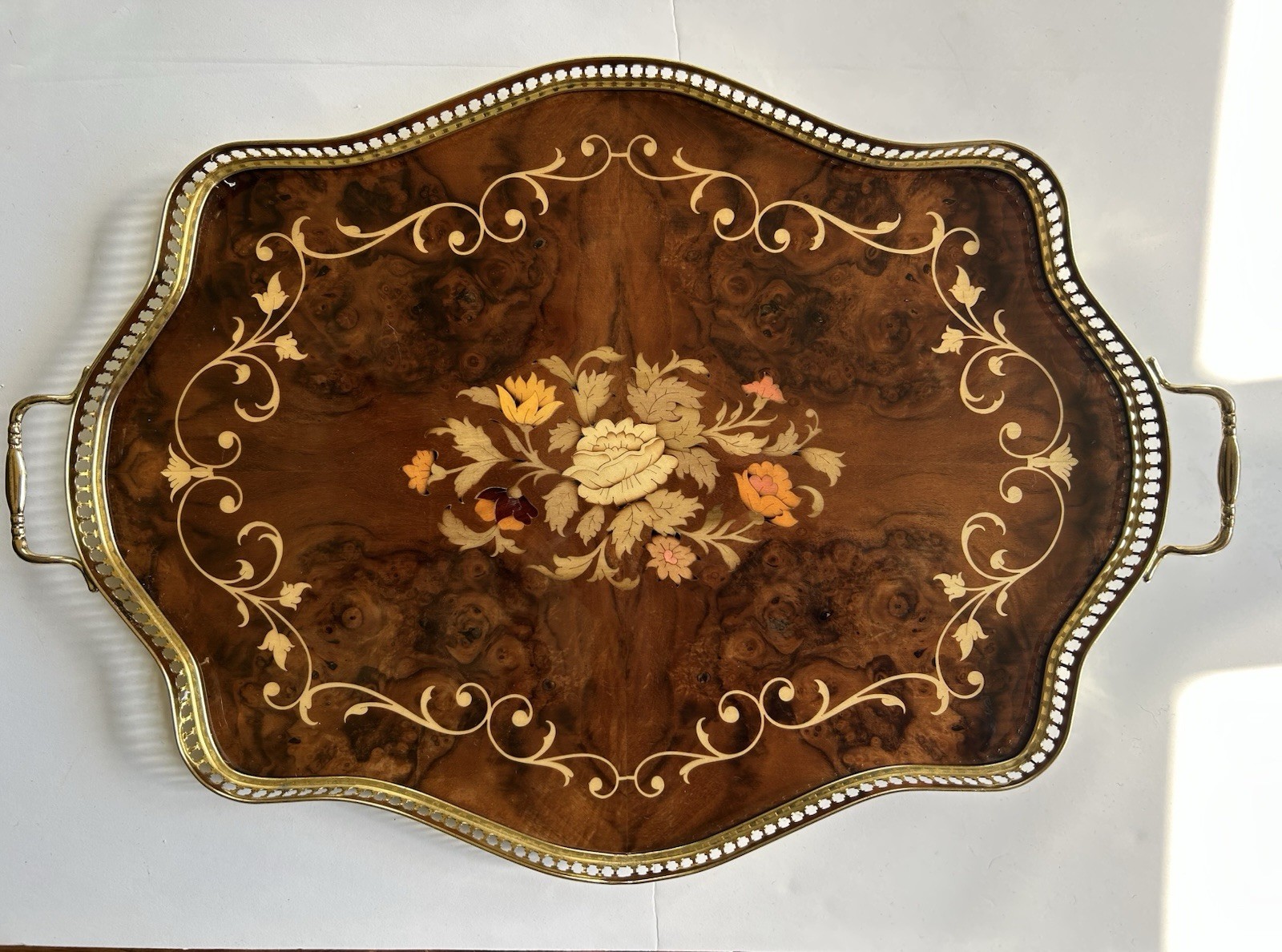 VTG Italian Marquetry Wood Floral Inlay Brass Handle Tea Vanity Serving Tray 21”