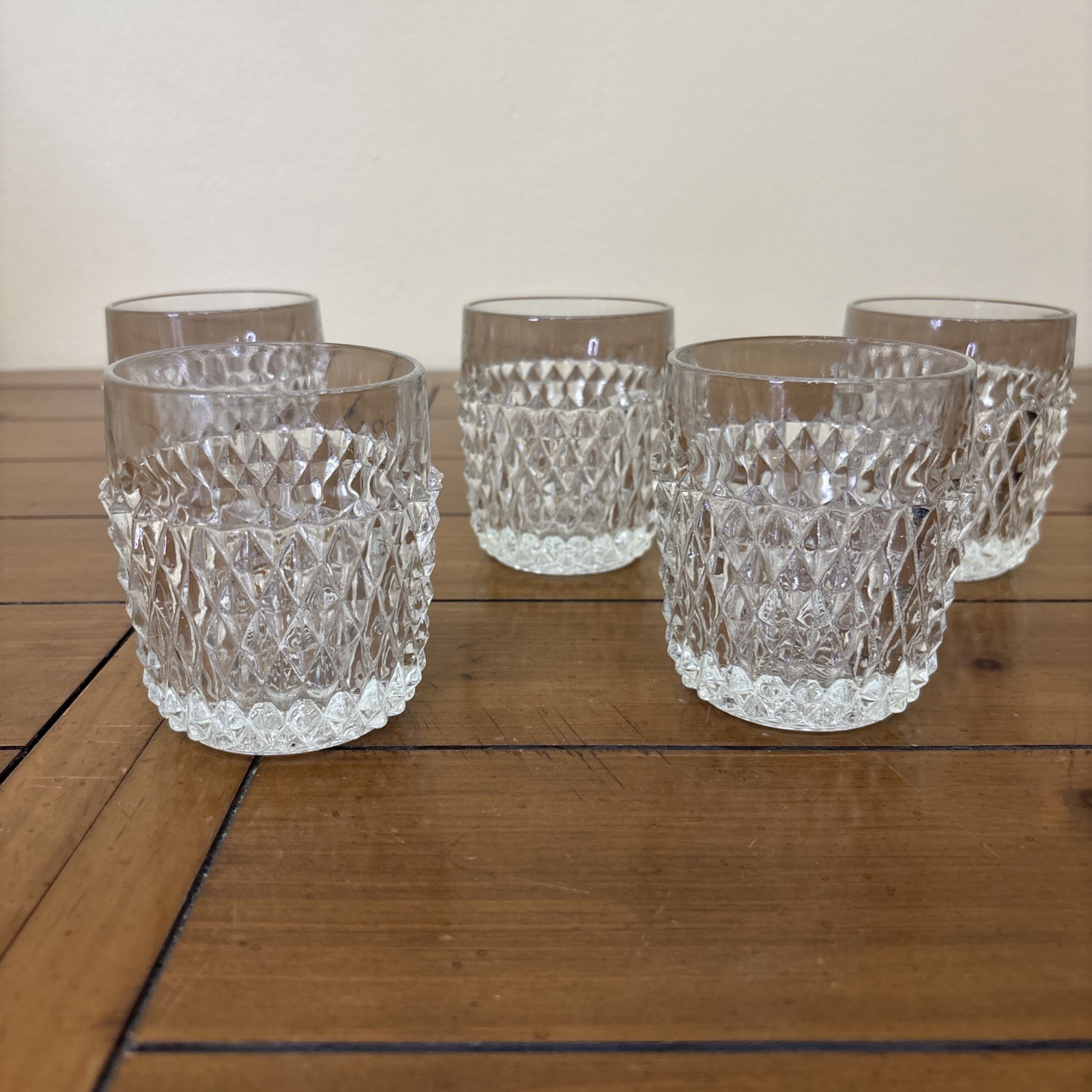 Set Of 5 Vintage Indiana Diamond Point Round Highball Glasses
