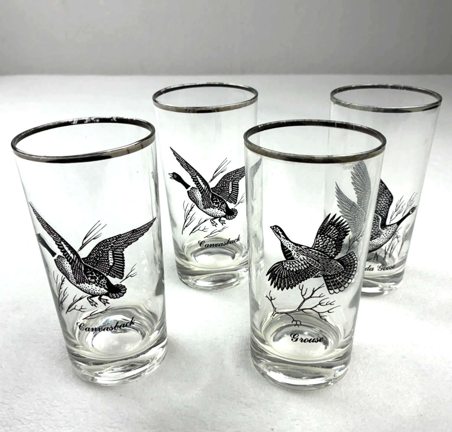 4 VTG Federal Sportsman Game Bird Highball Glasses MCM 50’s Silver Rim