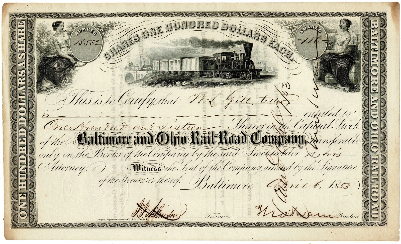 The Baltimore and Ohio Rail Road Company 1853 Original Signature Thomas Swann