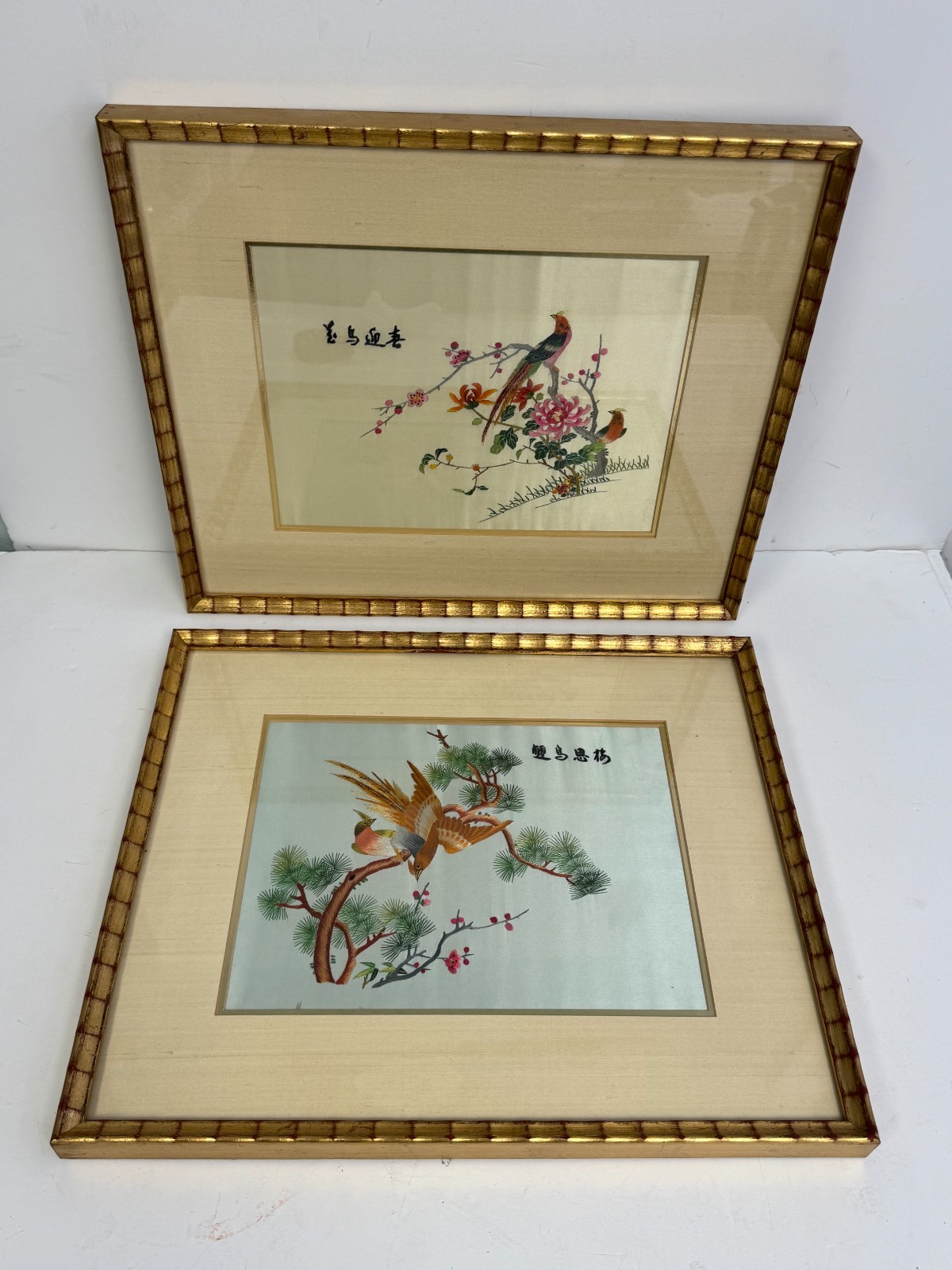 x2 Vtg Framed Silk Thread Embroidery On Cream Silk Colorful Birds 18x15