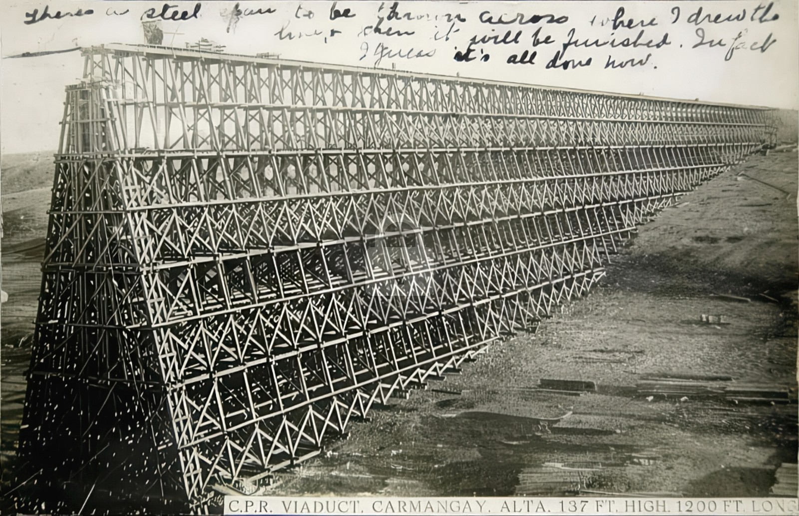 Carmangay AB Canada CPR Railroad Viaduct Construction Trestle RPPC Postcard COPY