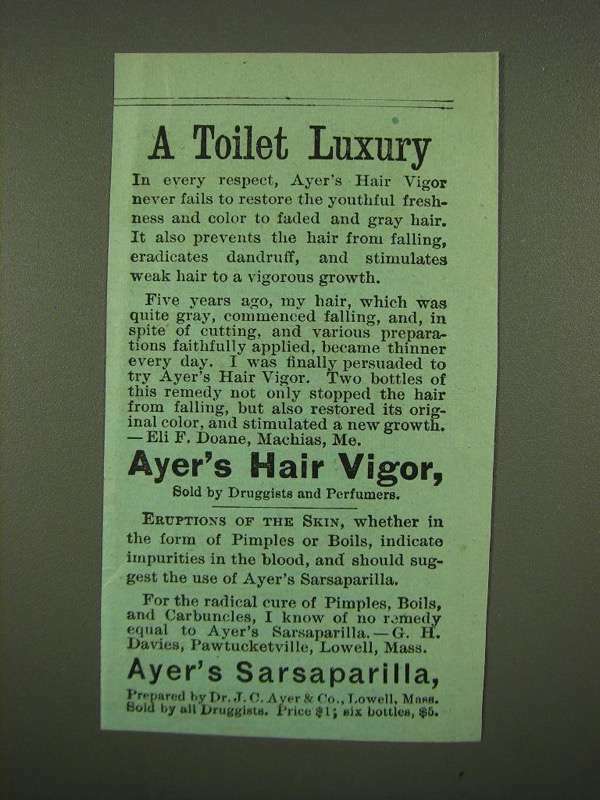 1886 Ayer\'s Hair Vigor and Sarsaparilla Ad - A Toilet Luxury