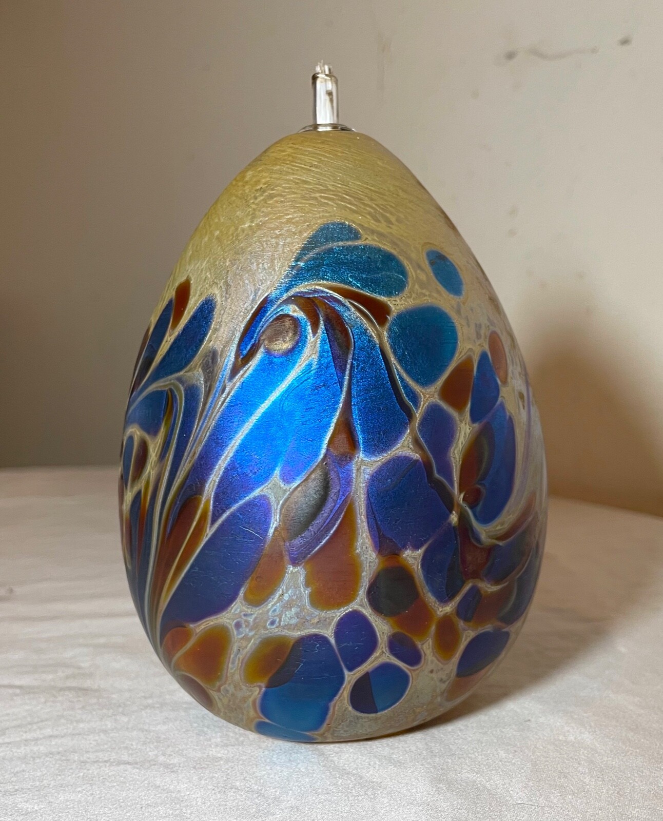 hand blown Maytum studio Art Glass iridescent aurene egg shaped oil lamp vase