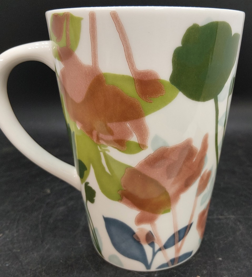 Starbucks 2009 Bone China 14 oz Coffee Cup Mug Green Floral Blue Interior