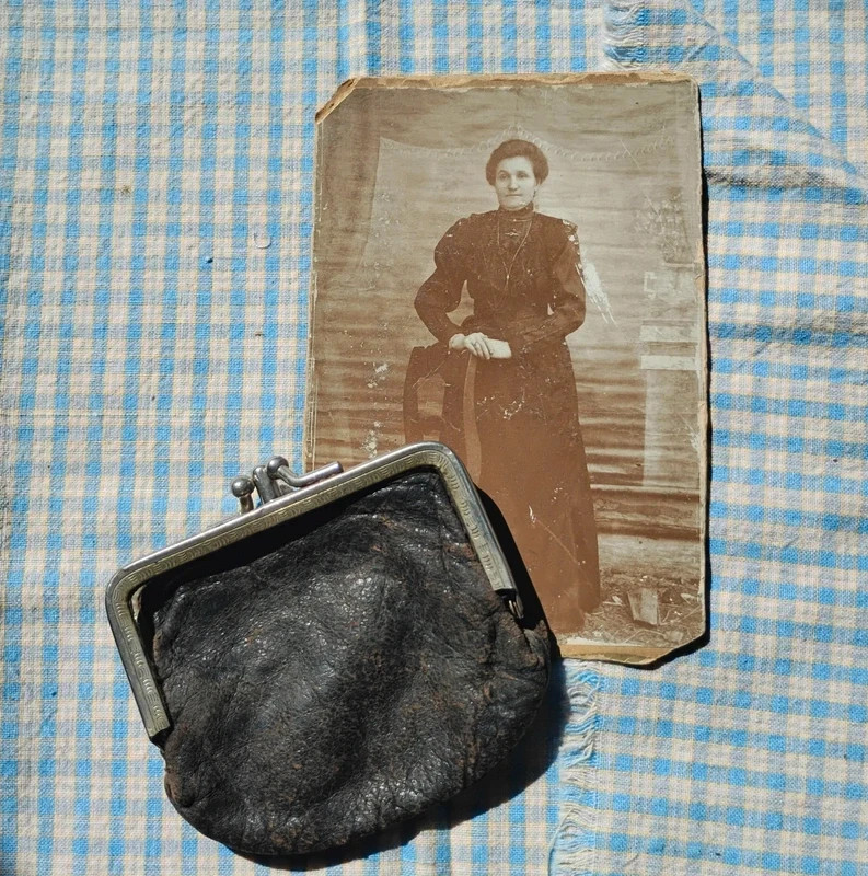 Antique Card Photo of a Ukrainian Immigrant & A Early 1900\'s Leather Coin Purse