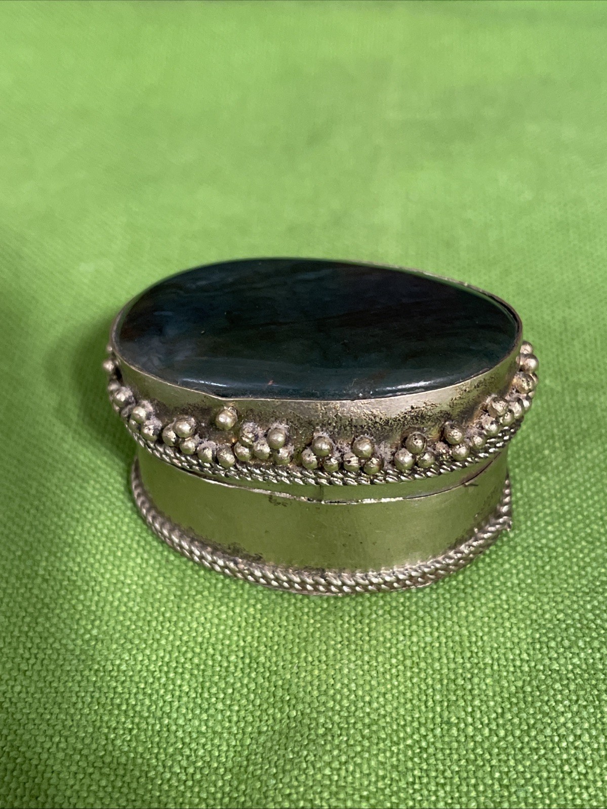 Vintage Green Marble Stone Topped Metal Vintage Pill Tooth Fairy Trinket Box