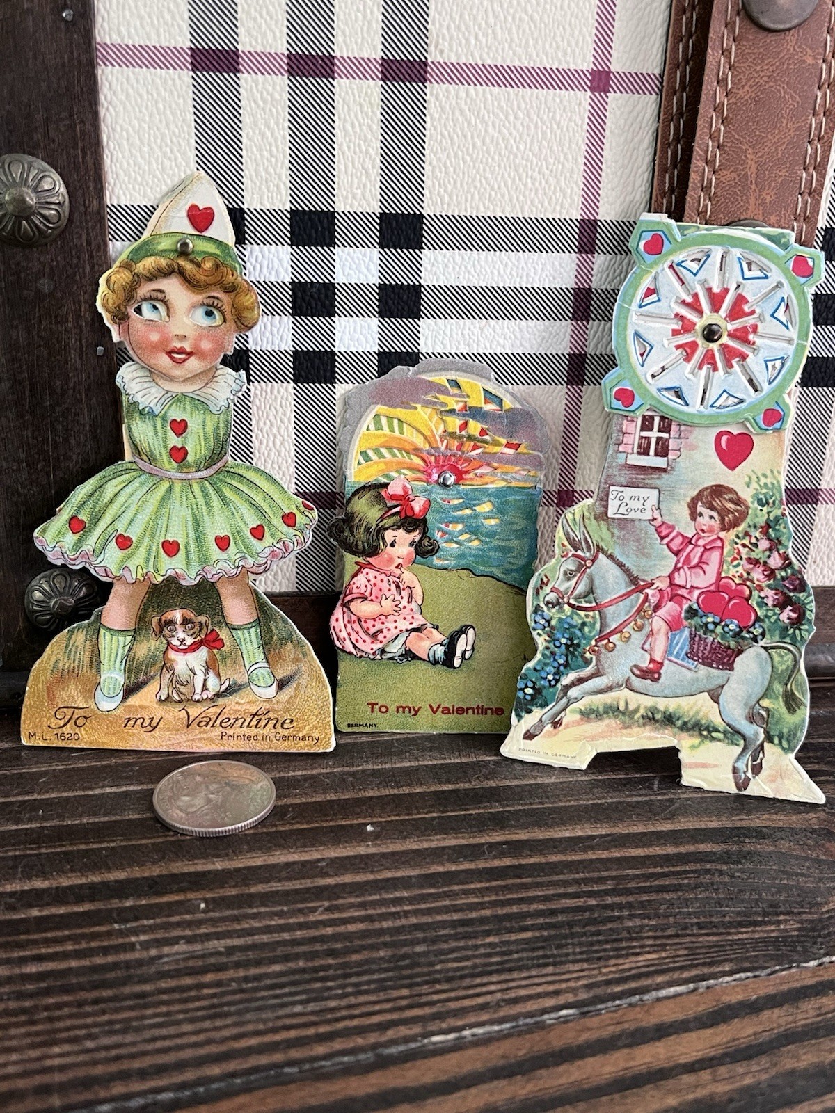 Lot of 3 Vtg German Mechanical Valentine Cards Moving Parts Girls Horse Sunset