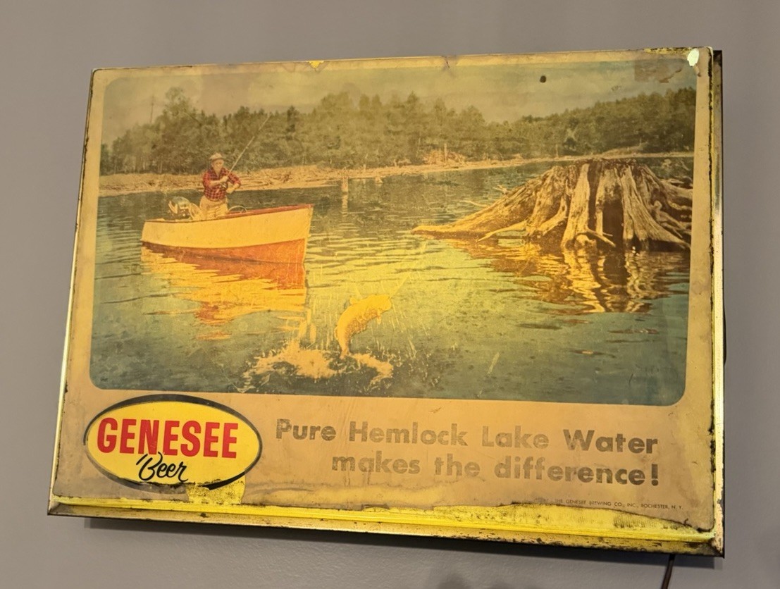 Vintage Genesee Beer Lighted Advertising Sign Hemlock Lake Fishing 20” Bar