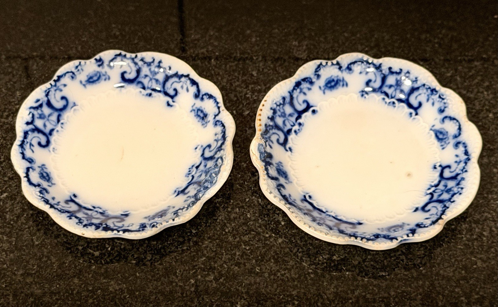 Antique W.H. Grindley Portman Flow Blue 3” Butter Pats Plates Gold Trim Set 2