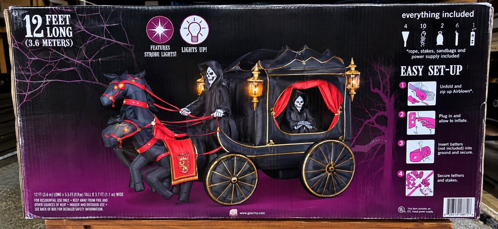 RARE Gemmy Animated 12-Foot Carriage Hearse with Reaper Halloween Inflatable NEW