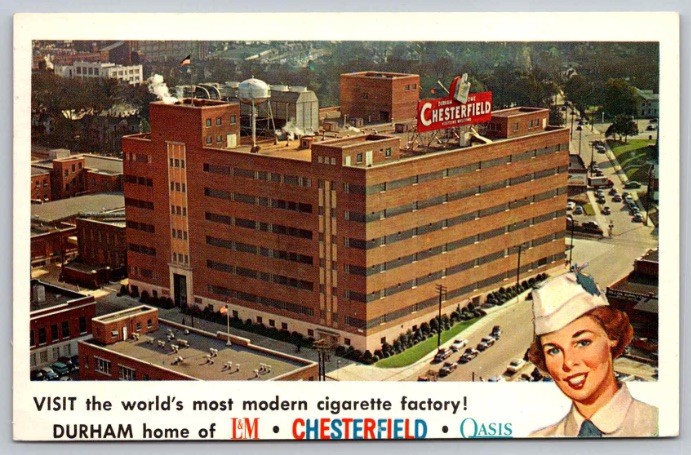c1962 Chesterfield L&M Cigarette Factory Main St Durham North Carolina NC Postca
