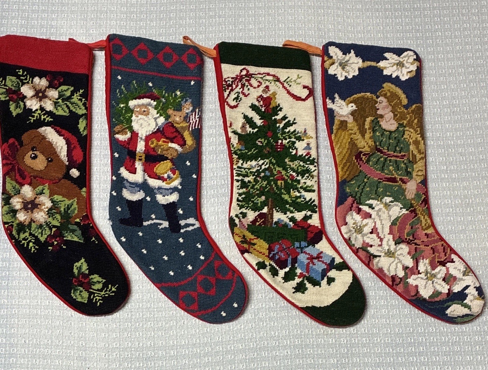 Set of 4 Beautiful Vintage Needlepoint Velvet Back Christmas Stockings 