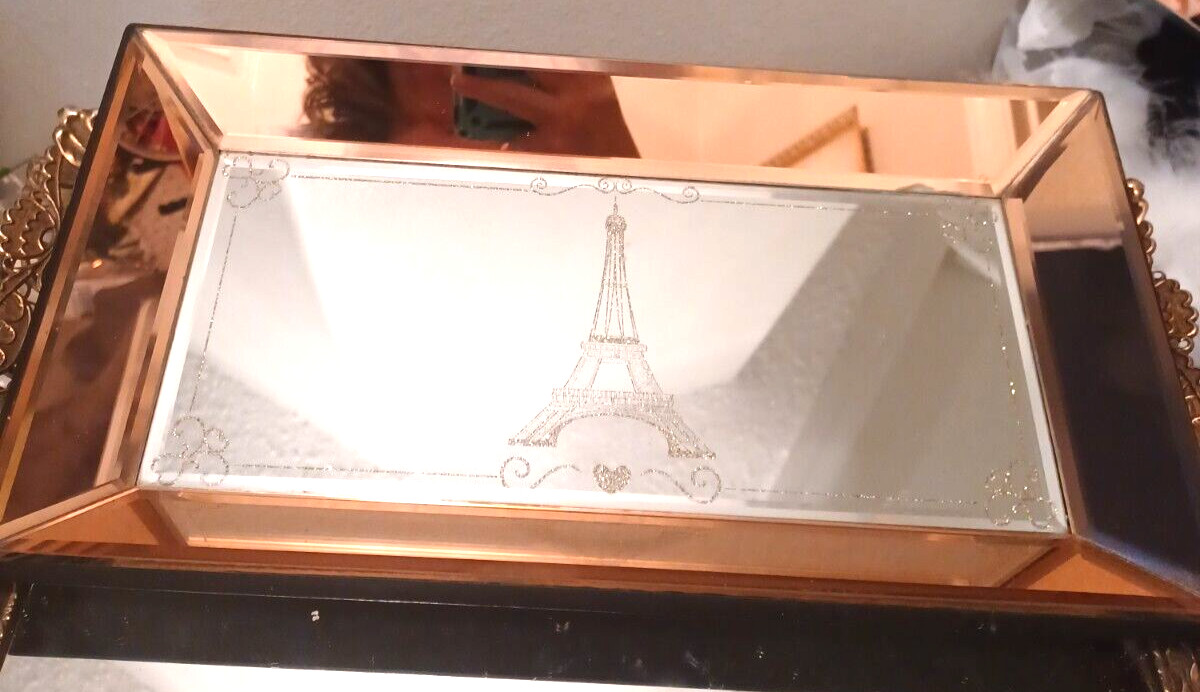 Vanity Mirror Perfume TRAY Eiffel Tower PARIS French Etched Glitter Beveled Edge