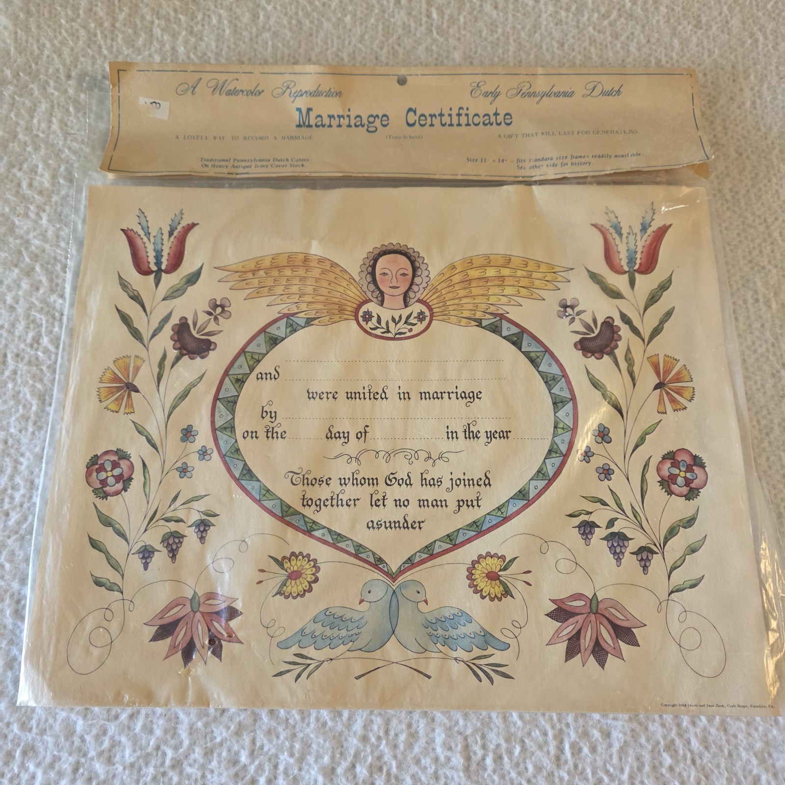 VINTAGE 1968 BLANK MARRIAGE CERTIFICATE EARLY PENNSYLVANIA DUTCH WATERCOLOR 
