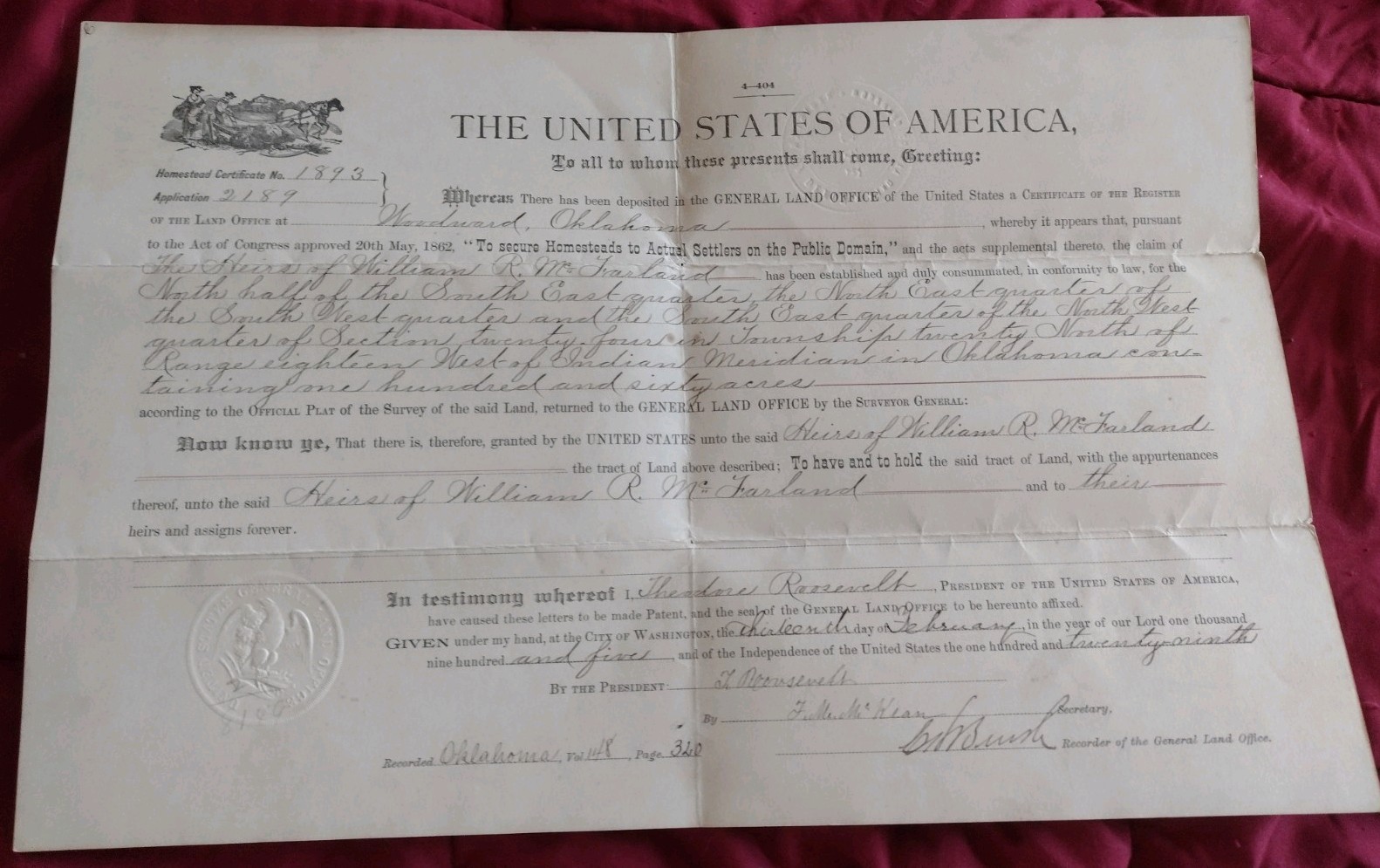 Theodore Roosevelt Signed Oklahoma Land Grant Document 1906