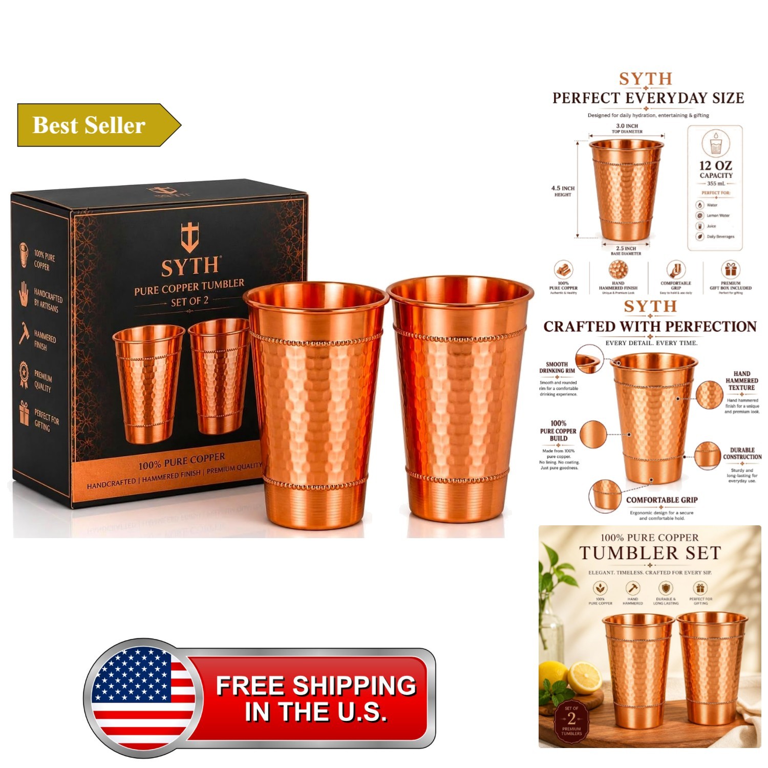 Pure Copper Tumbler Set of 2 – 100% Pure Copper Drinking Cups, Handcrafted Ha...