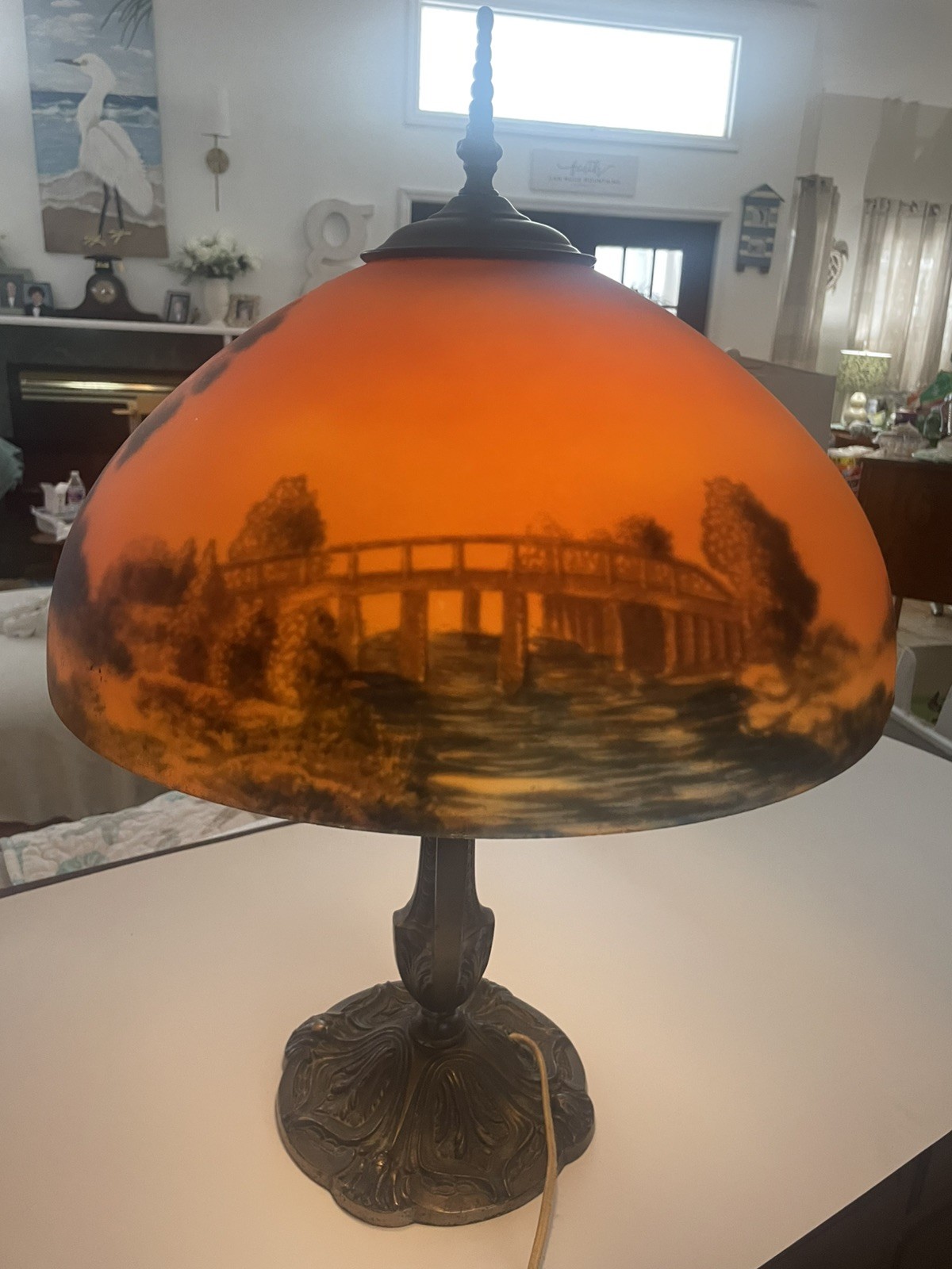Antique 1920’s Art Nouveau Reverse Painted Shade Lamp Cast Iron Brass Landscape