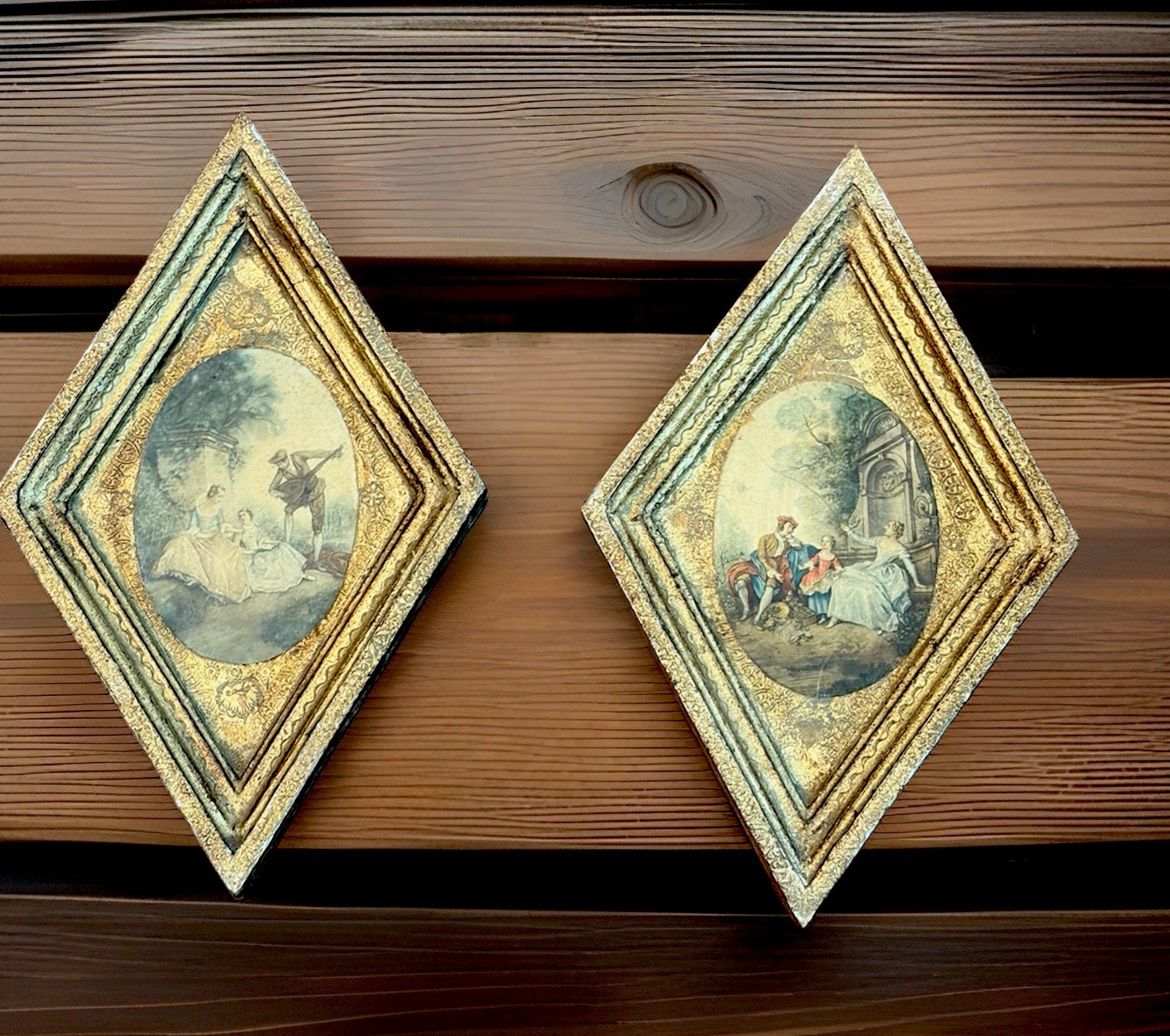 Two Vintage Florentia Italy Lancret Gilt Wood Wall Paques Orig. Stickers Rococo