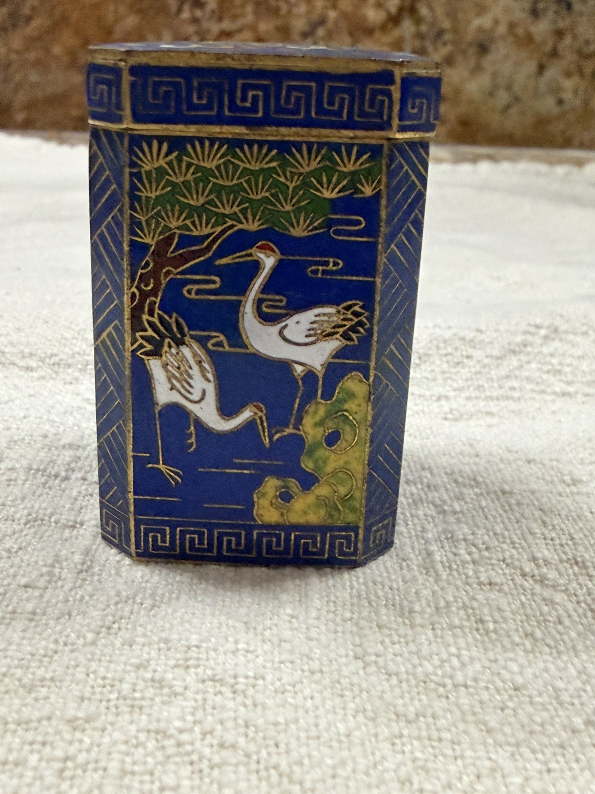 Vintage Chinese Cloisonné Enamel Crane Trinket Box Handcrafted Marked