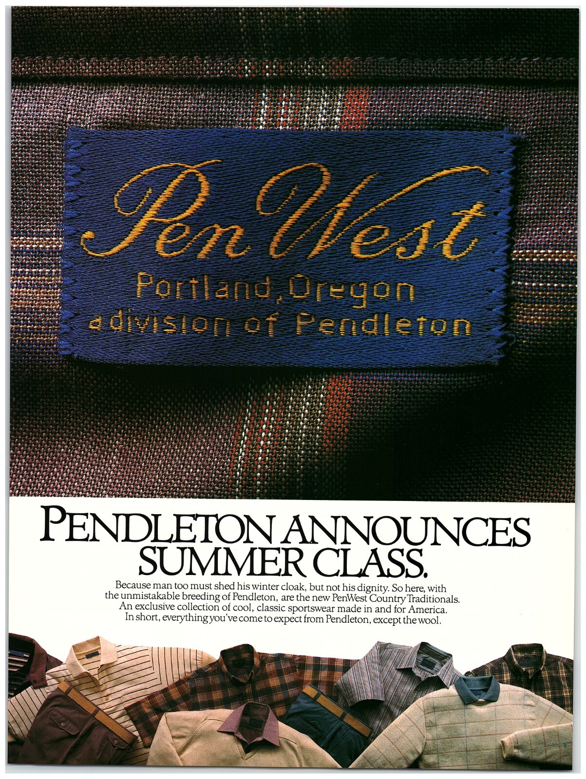 1985 Pendleton Print Ad, Announces Summer Class Pen West Label Portland Oregon