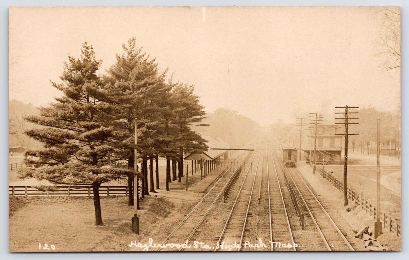 Hyde Park MA NYNH&H RR on Approach to Hazlewood Railroad Depot~Train~RPPC c1913