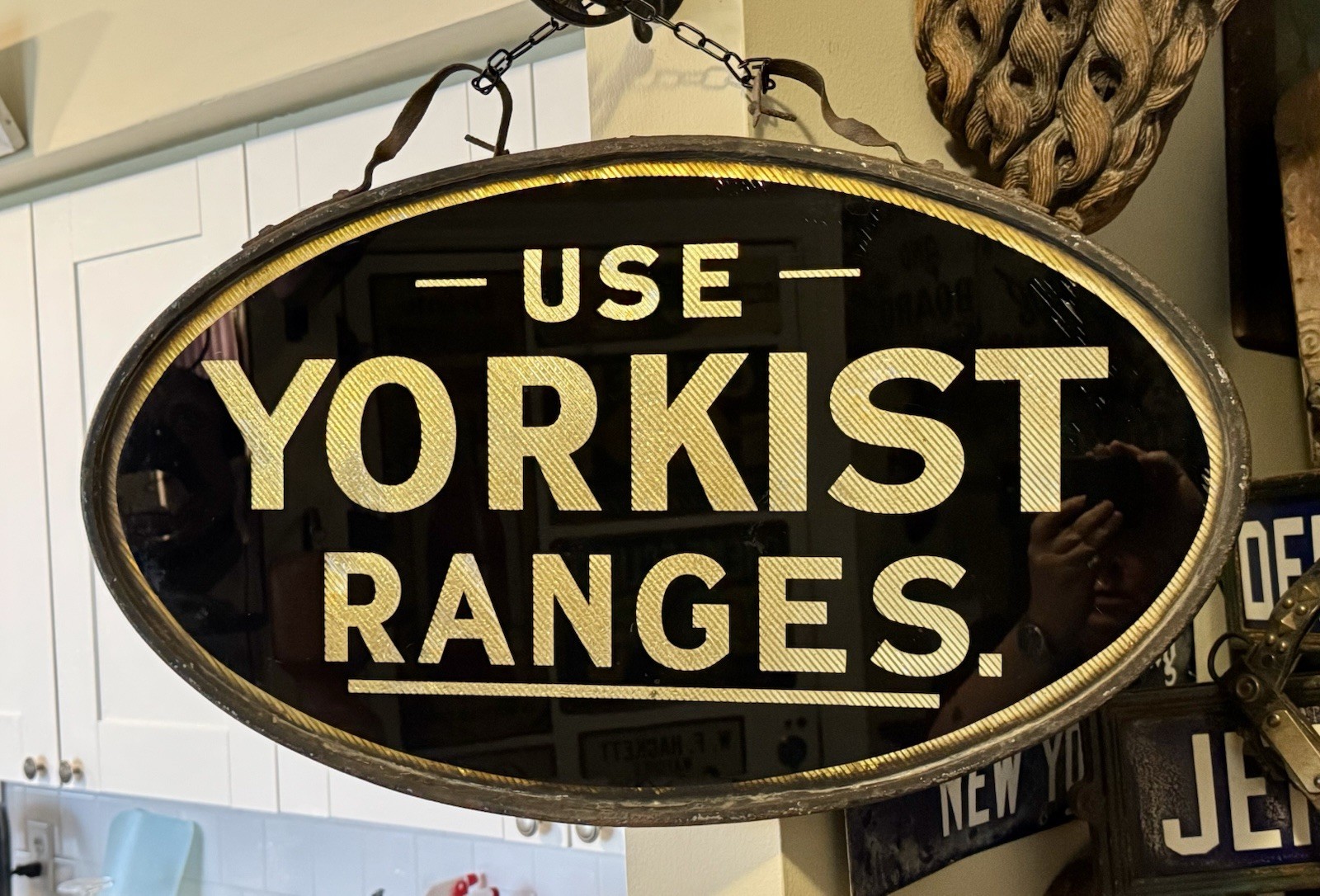 Antique Reverse Painted Foil Glass Yorkist Ranges, Appliance Trade Sign, Bracket