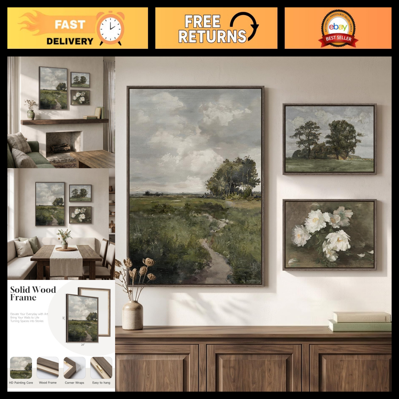 Large Framed Vintage Landscape Canvas Wall Art for Living Room, 3 Piece Set