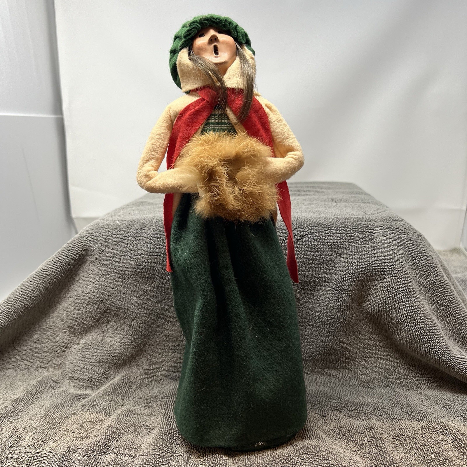 Vintage 1986 Buyers Choice Caroler Woman Green Dress with Red Scarf And Fur Mitt