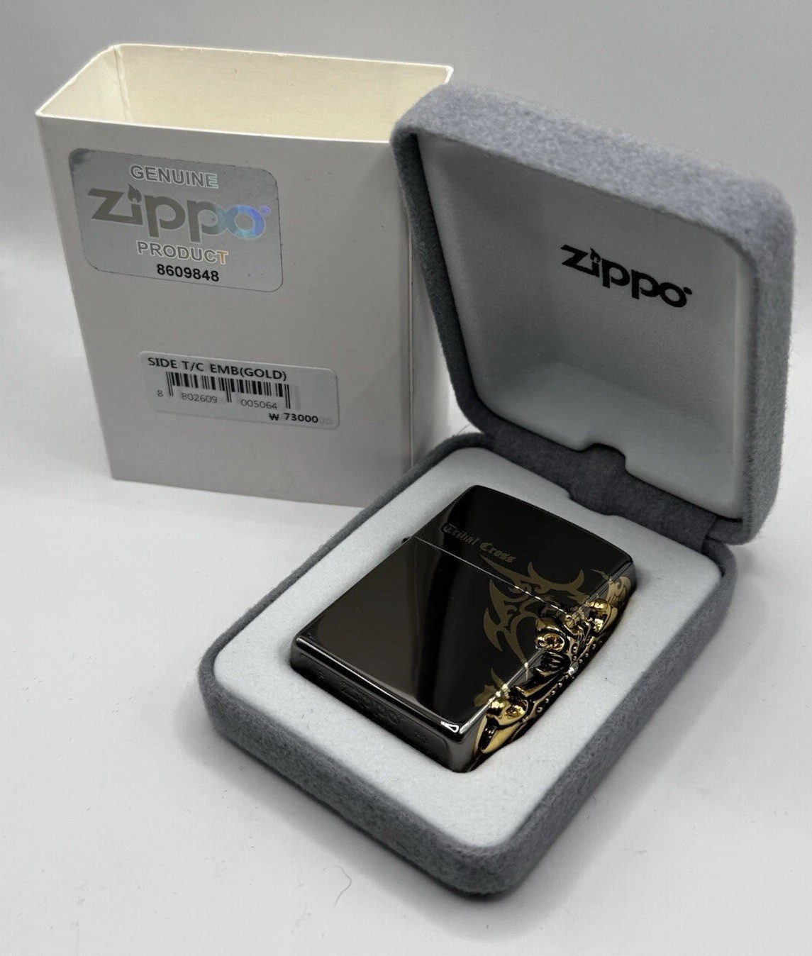 ZIPPO Side Tribal Gold Cross Emblem Lighter Black Ice - NEW IN BOX