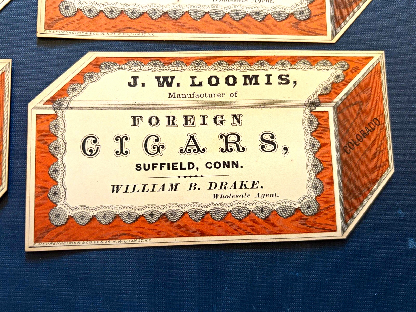 Lot 6 1880s J.W. Loomis Cigars Trade Cards Trompe l'Oeil Cigar Box Heppenheimer