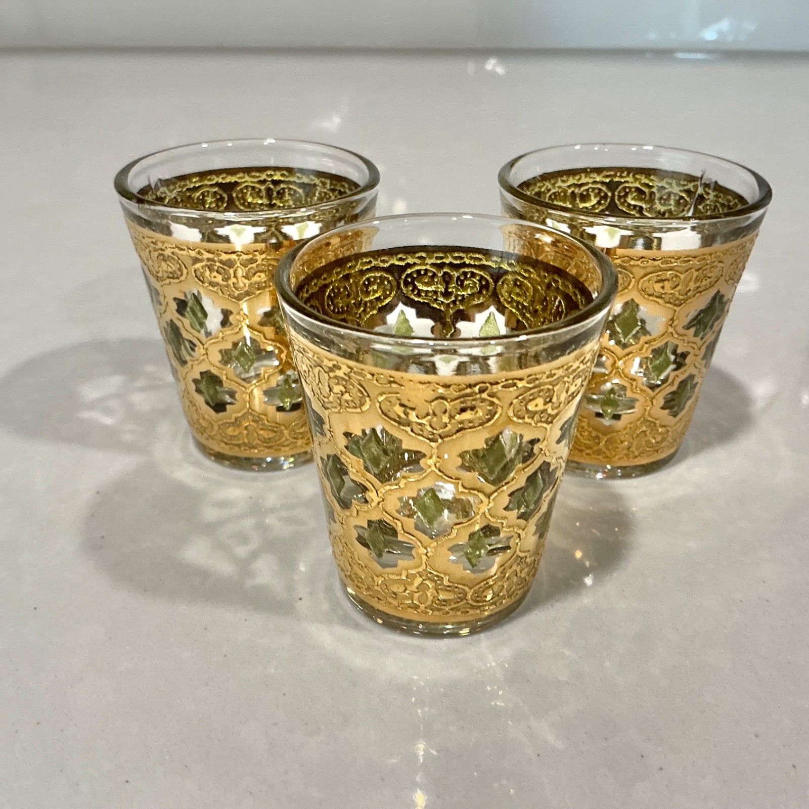 Vintage Culver Valencia 22K Gold Green Shot Glasses Set of 3 MCM Barware