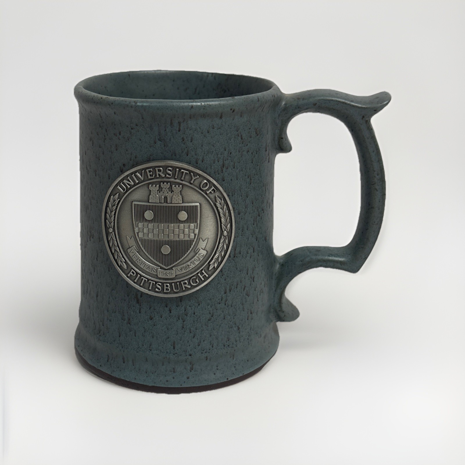 University of Pittsburgh Ceramic Pewter Style Speckled Blue Glaze Mug