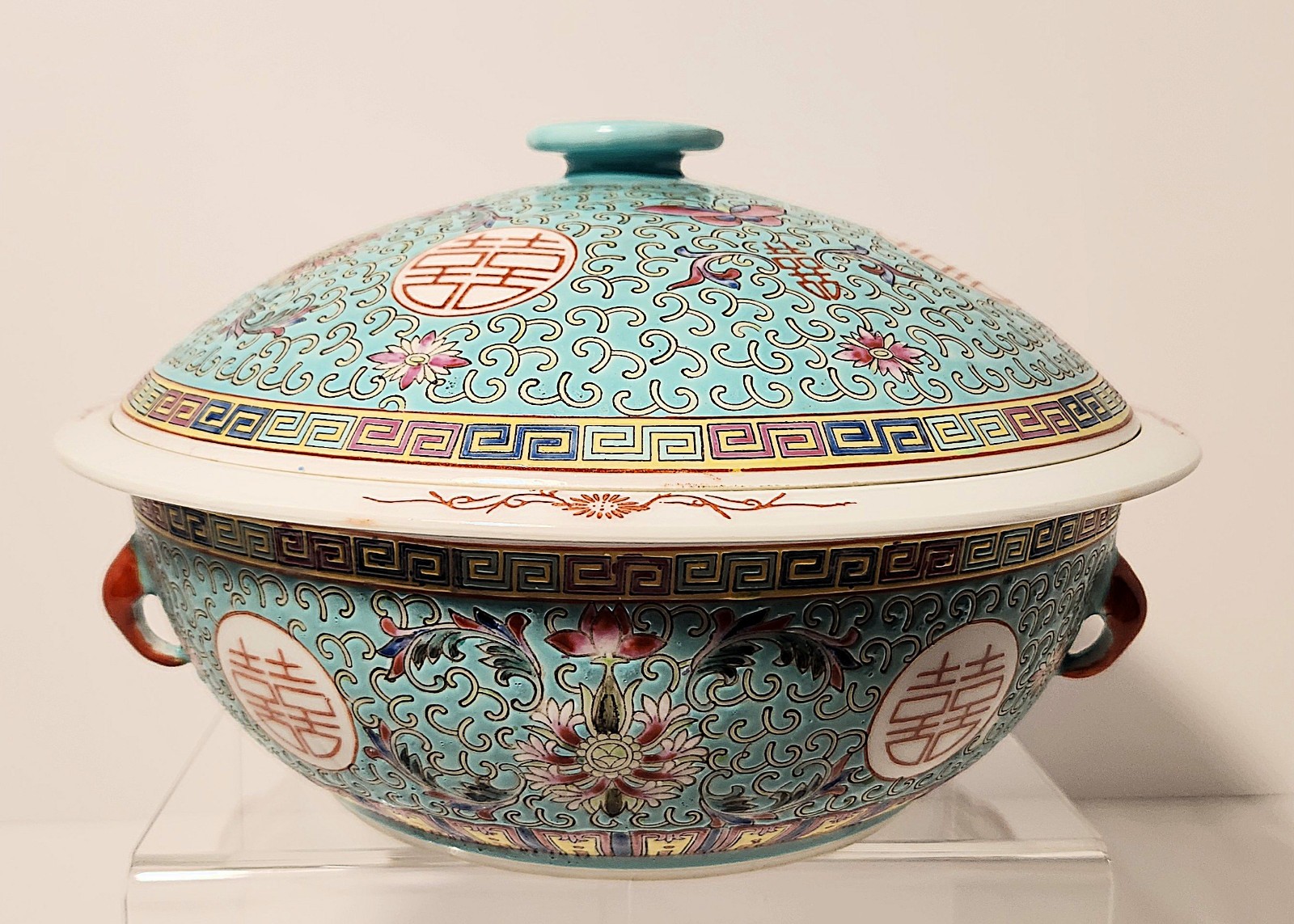 Rare Turquoise Mun Shou Porcelain Tureen, Vintage Chinese Covered Soup Bowl