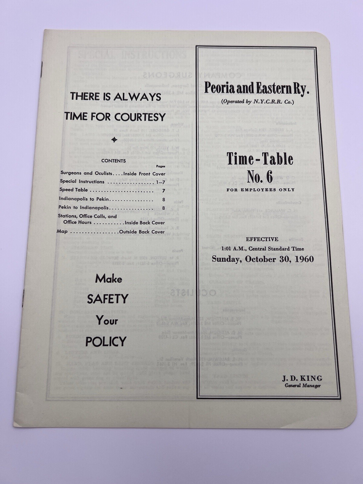 Peoria & Eastern Railway Timetable 6 - October 30, 1960