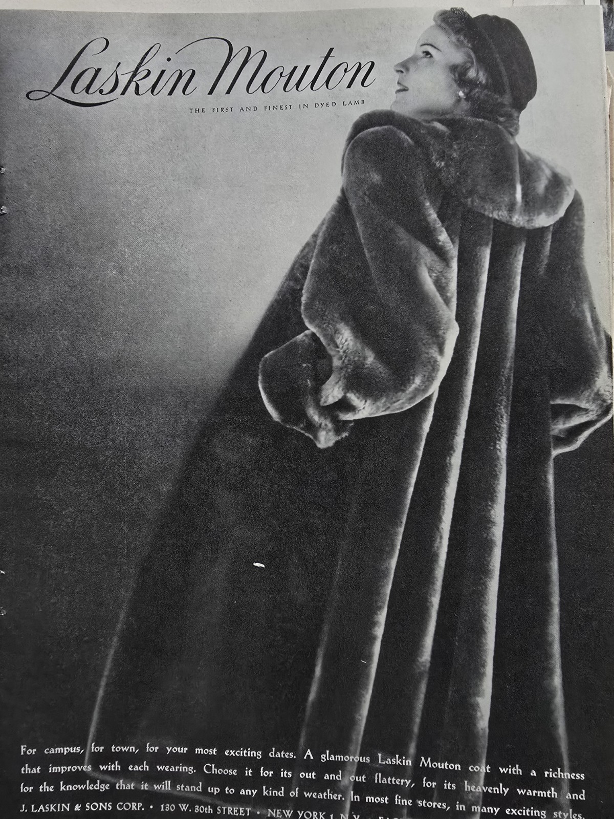 1948 Women's Laskin Mouton Dyed Lamb Fur Coat Hat Vintage Fashion Ad 