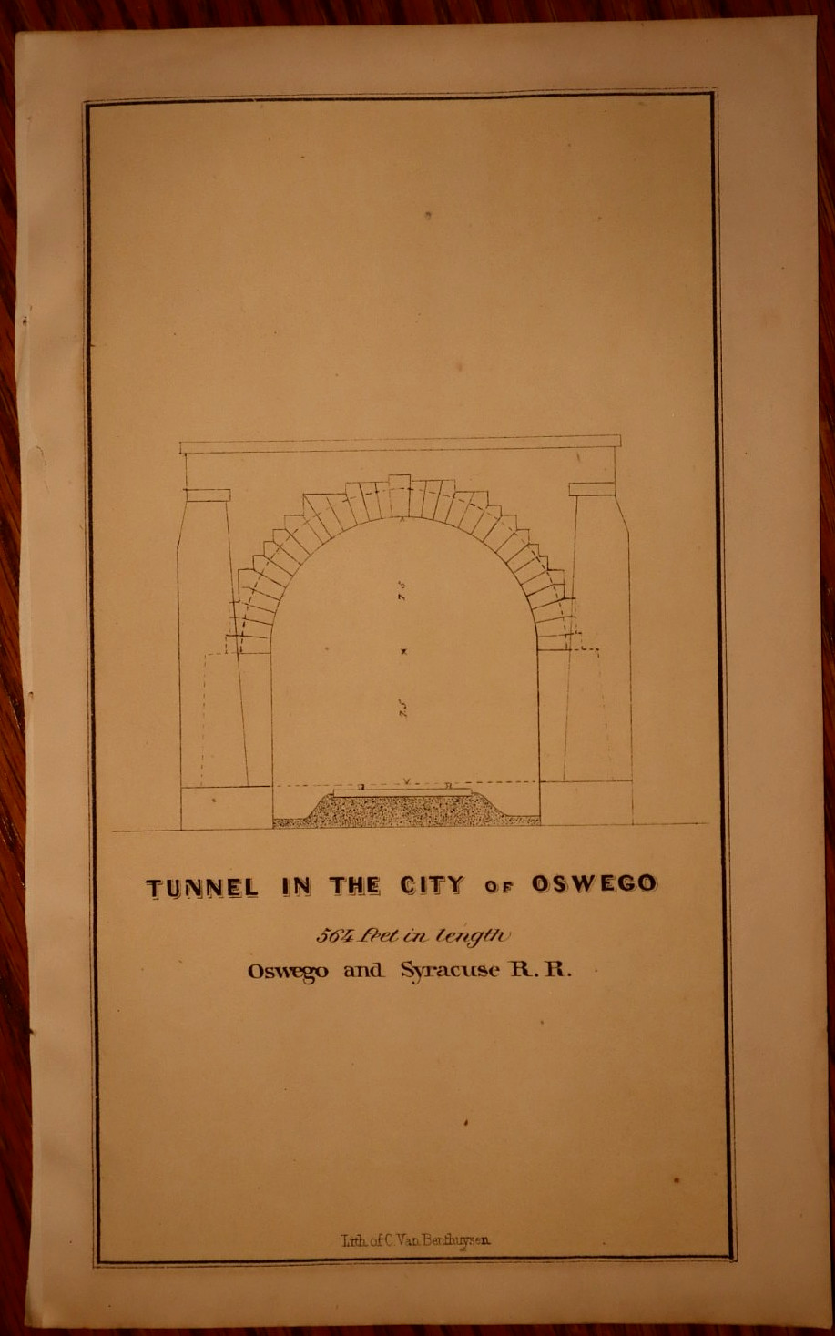 Rare 1856 O. & S. RR - Railroad Drawing - Tunnel in the City of Oswego, New York