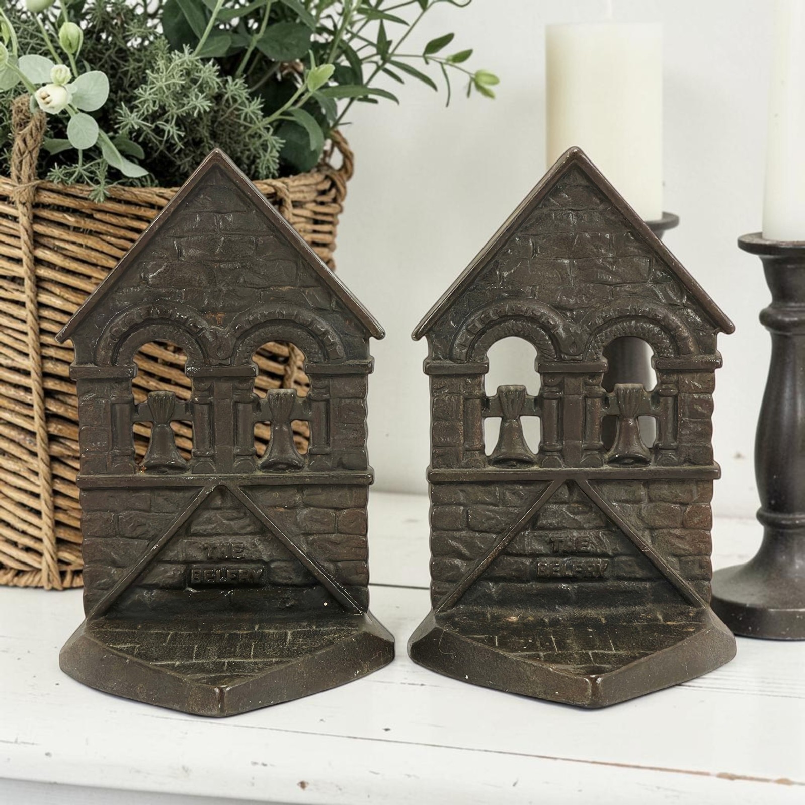 Antique Cast Iron Bronze Belfry Bell Tower Bookends Connecticut Foundry 1928 6