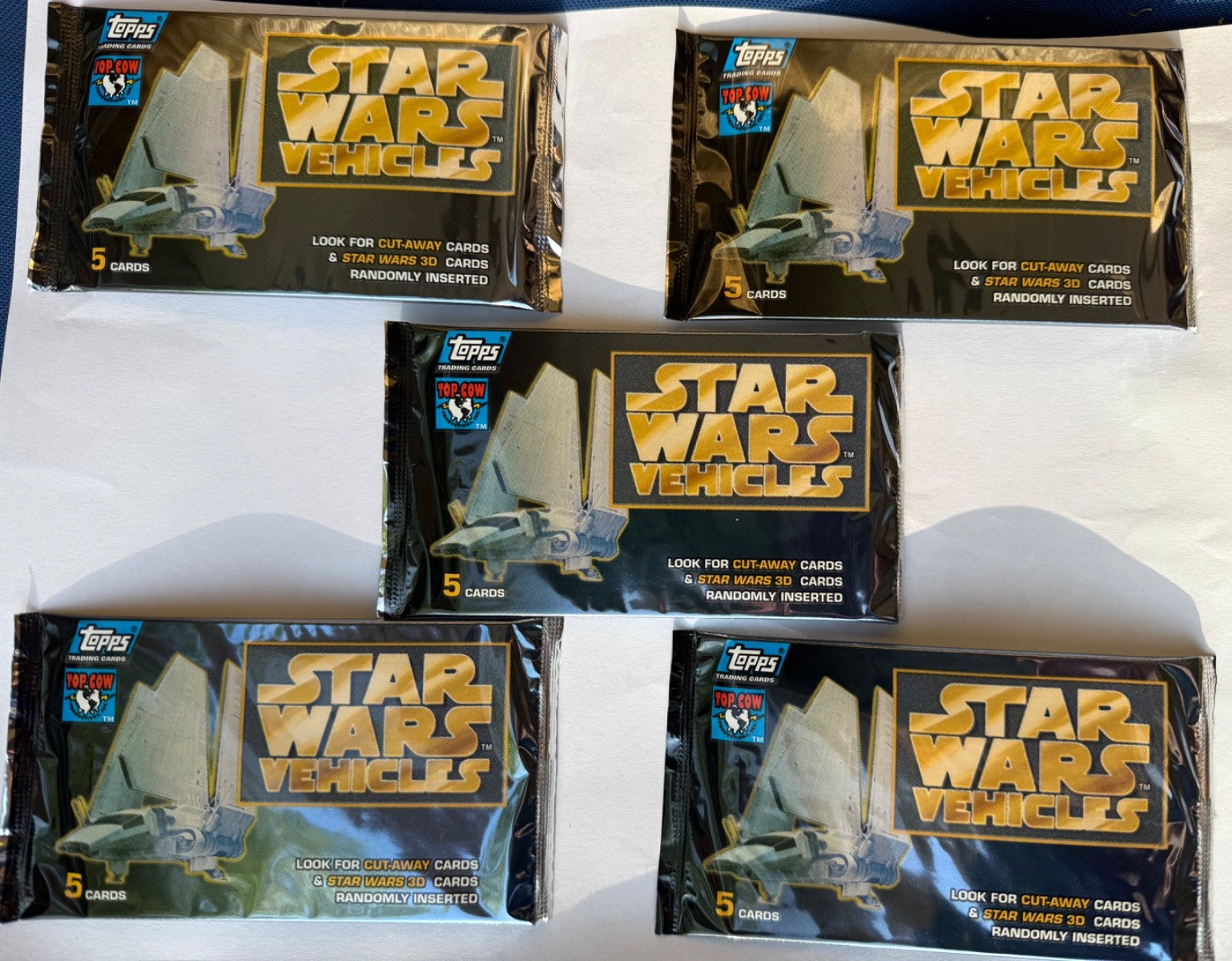 Five 1997 Topps STAR WARS Vehicles Factory Sealed Movie Trading Card Foil Packs