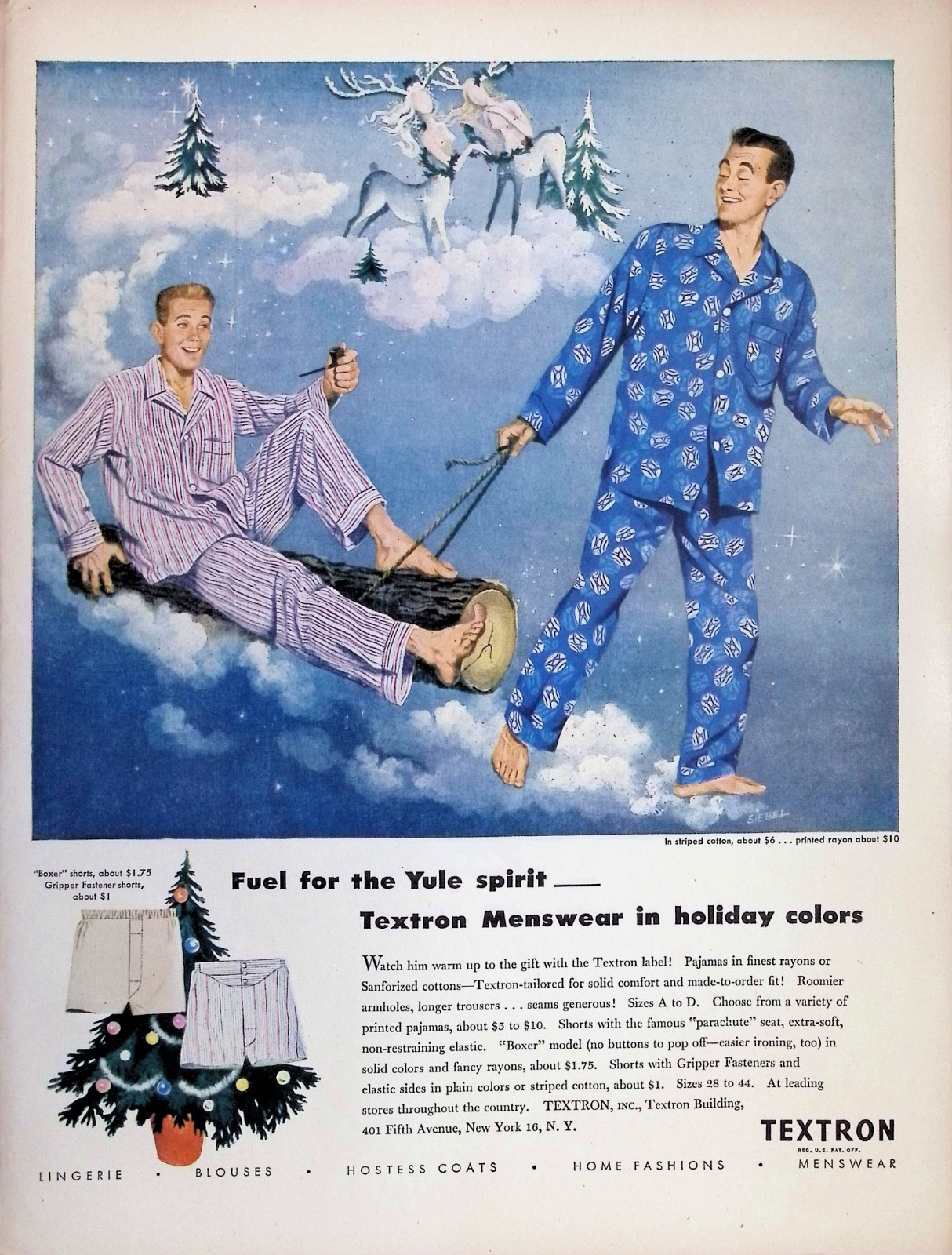 Original 1947 Textron Ad: Menswear Pajamas Christmas Reindeer Night Sky Siebel