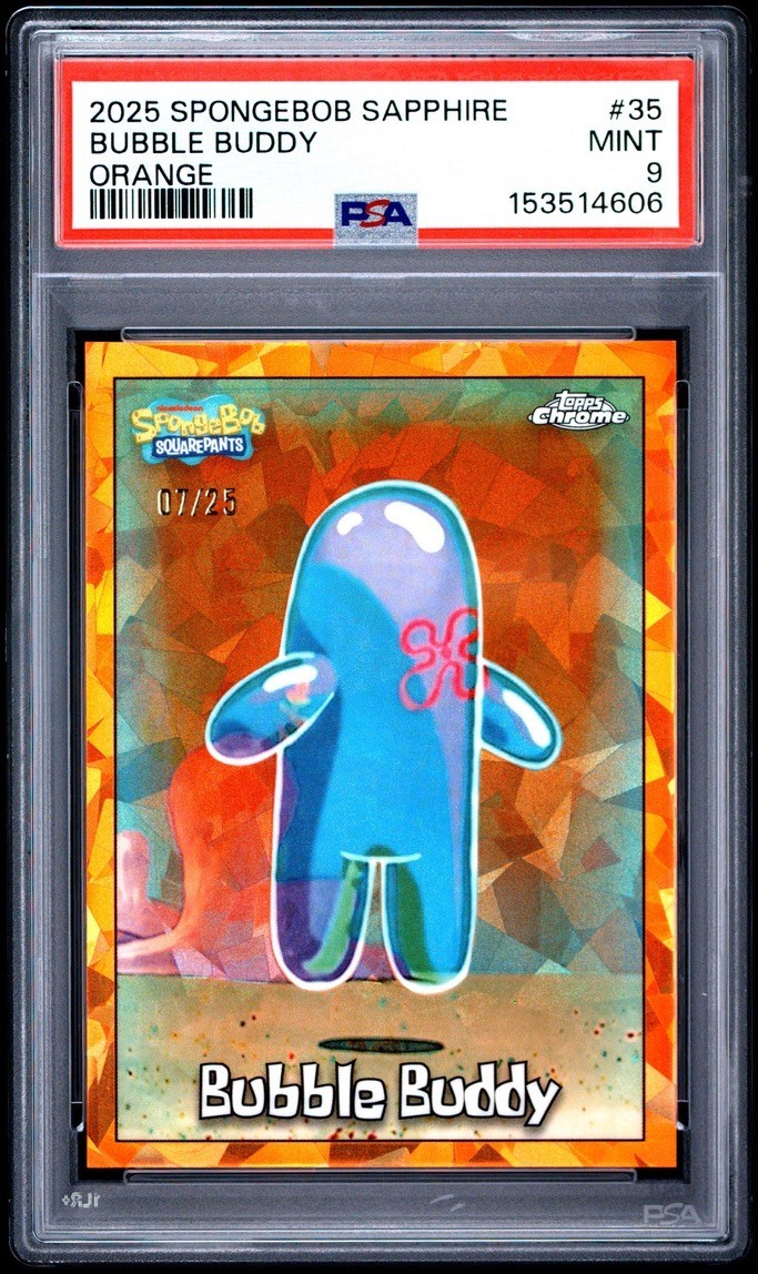 2025 TOPPS CHROME BUBBLE BUDDY SPONGEBOB SAPPHIRE ORANGE /25 PSA 9