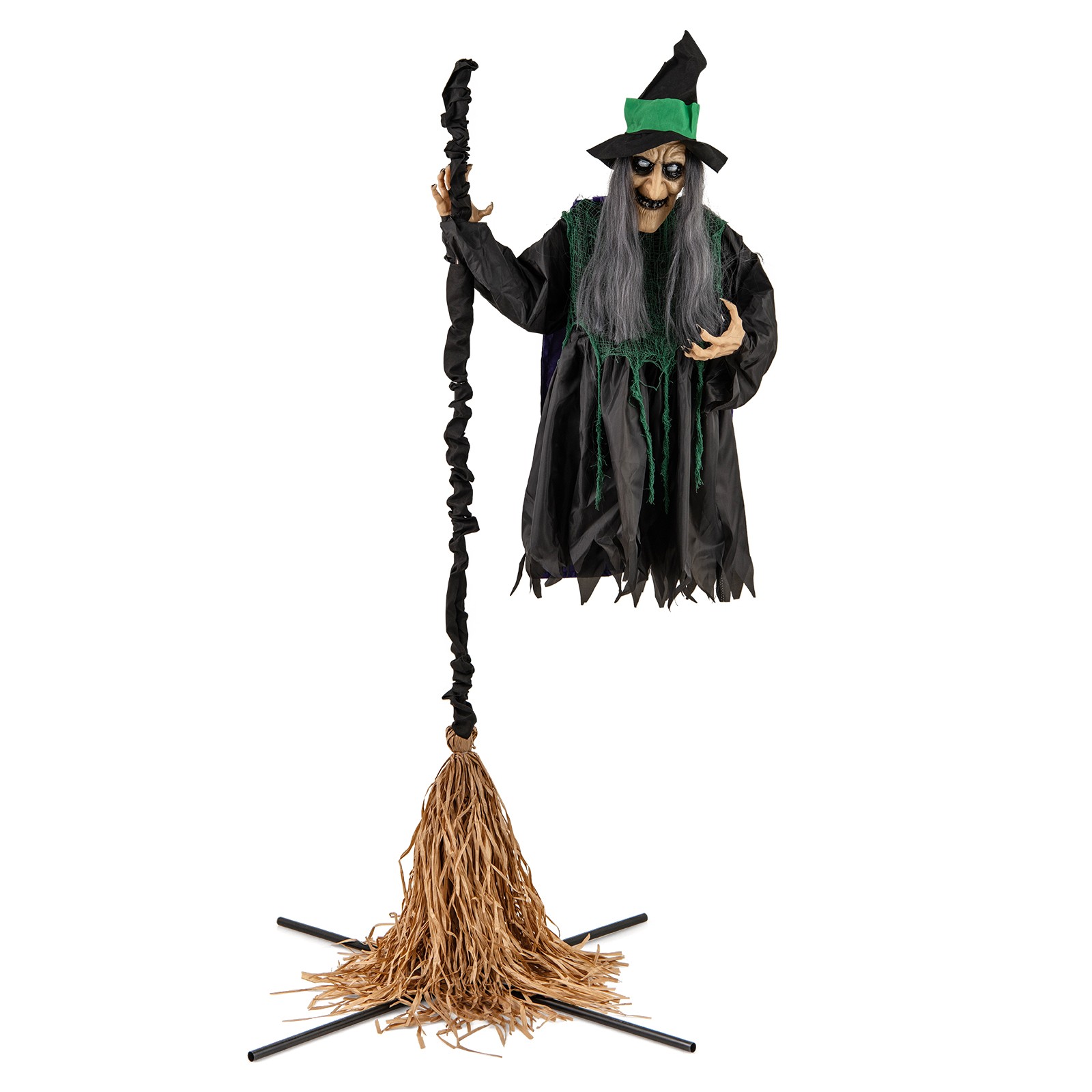 Witch on Broom Halloween Animatronic Life Size Prop with LED Lights Laughing