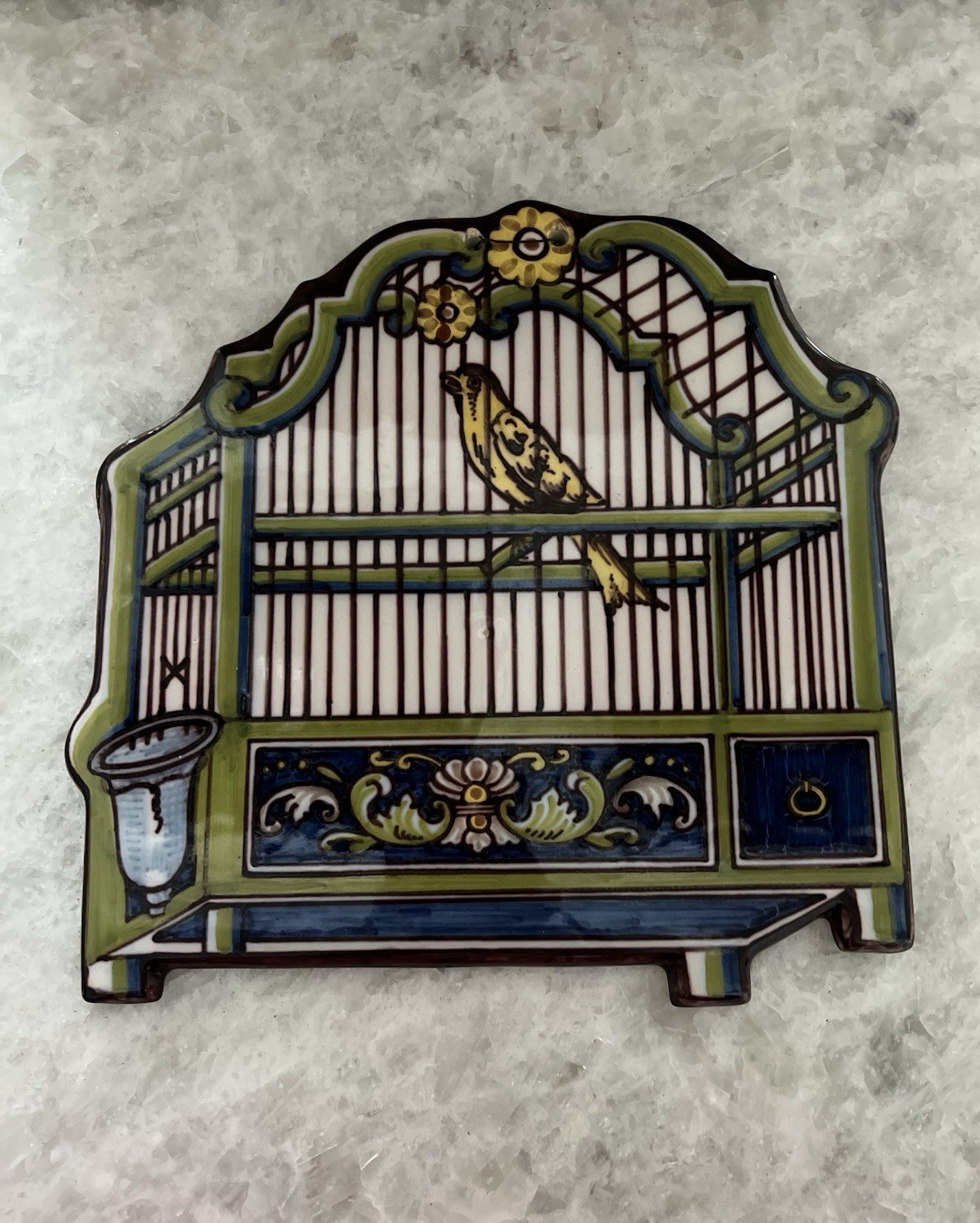 Antique Royal Tichelaar Makkum Delft Birdcage Trompe L'oeil  Plaque