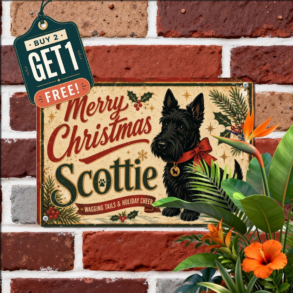 Scottish Terrier Scottie Dog Merry Christmas Plaque Retro Metal Tin Sign 8x12